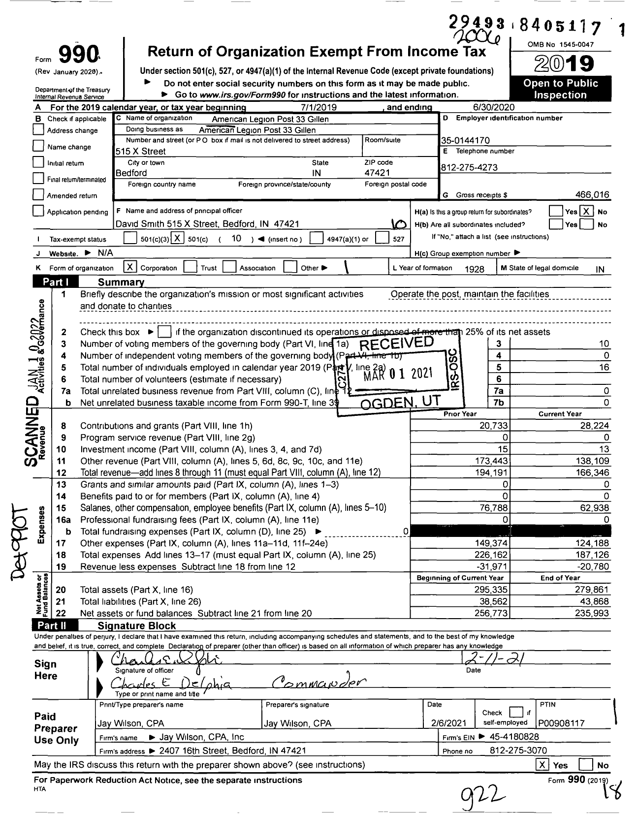 Image of first page of 2019 Form 990O for American Legion - American Legion Post 33 Gillen