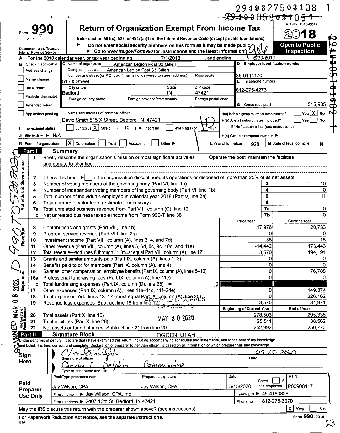 Image of first page of 2018 Form 990O for American Legion - American Legion Post 33 Gillen