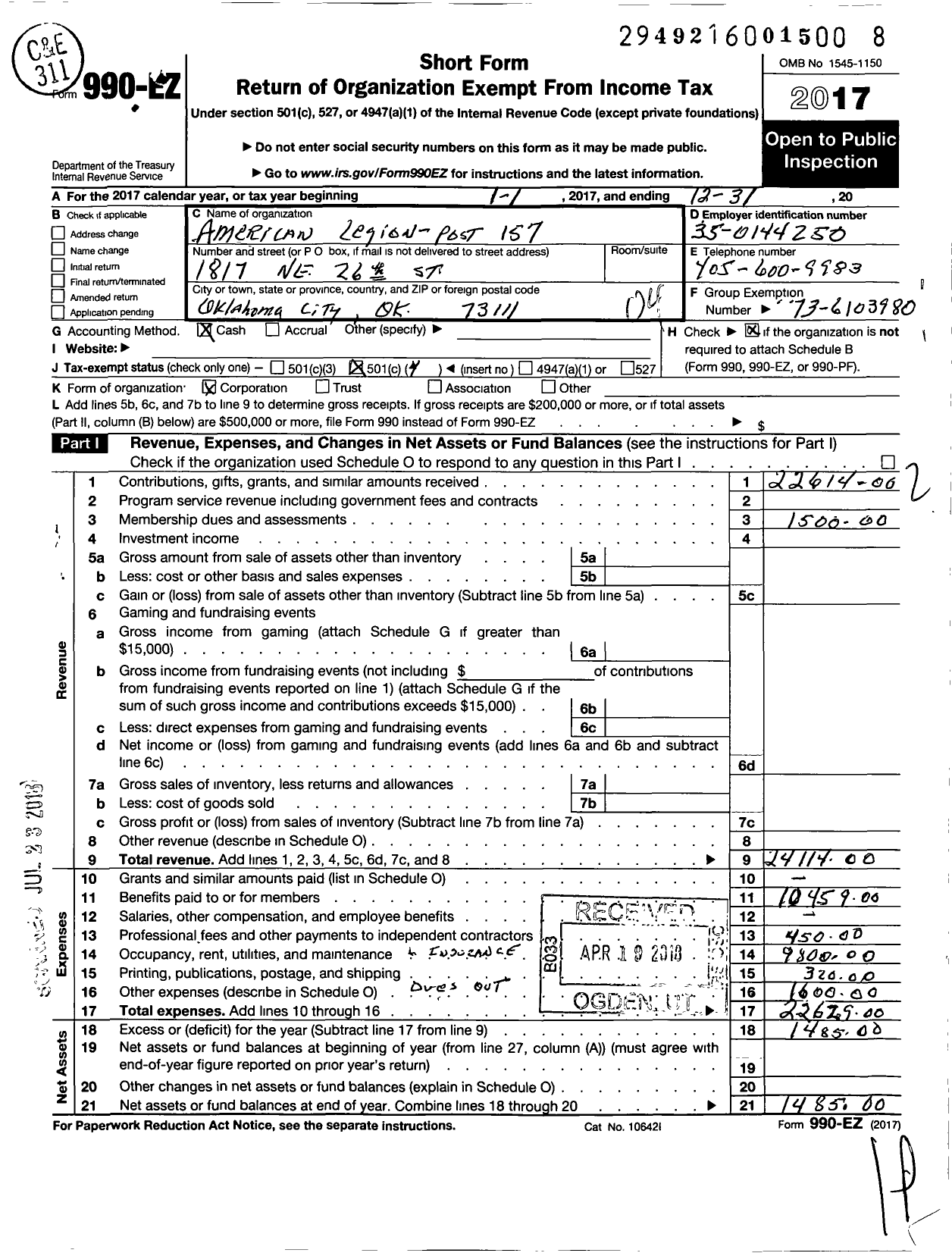 Image of first page of 2017 Form 990EO for The American Legion