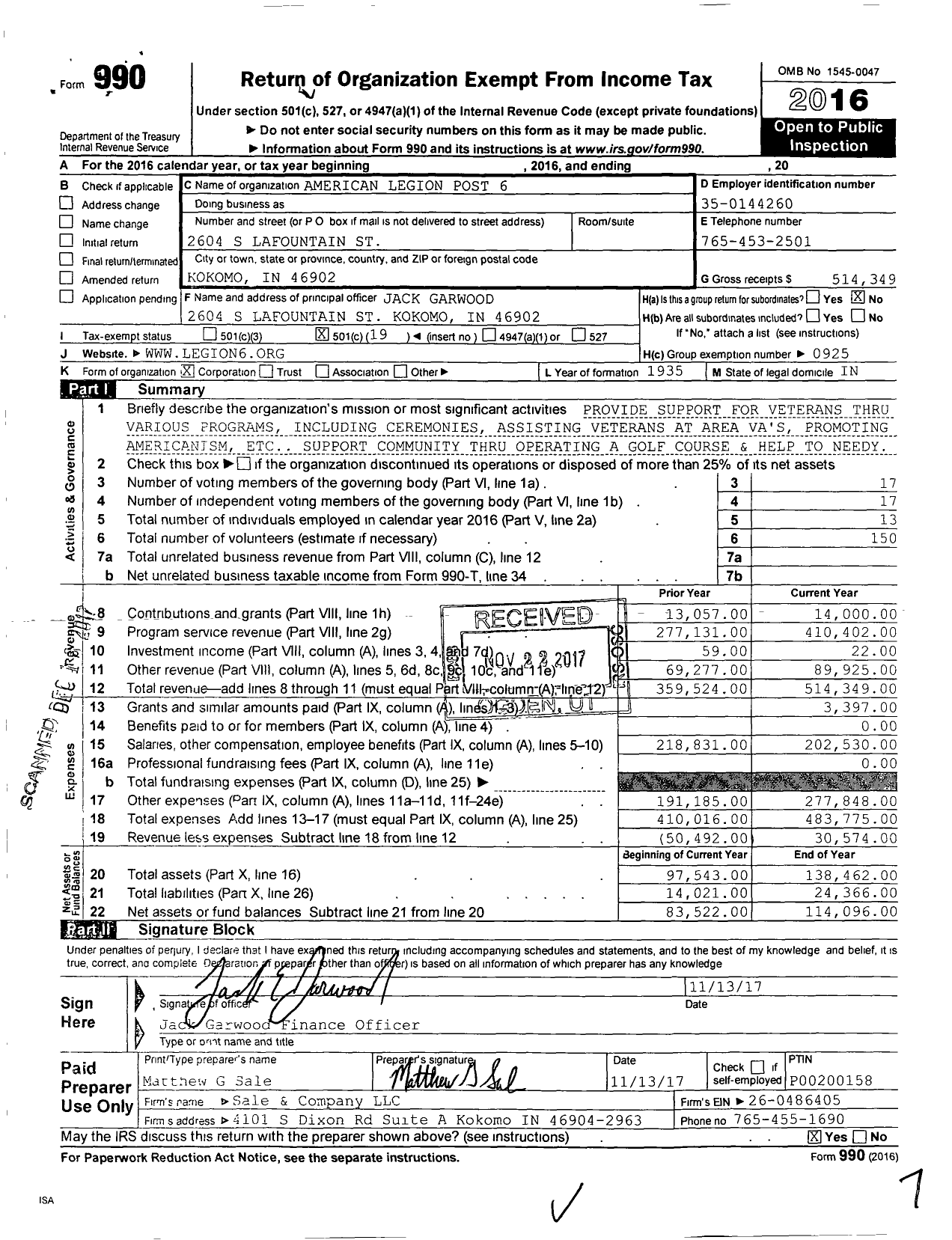 Image of first page of 2016 Form 990O for American Legion Post 6
