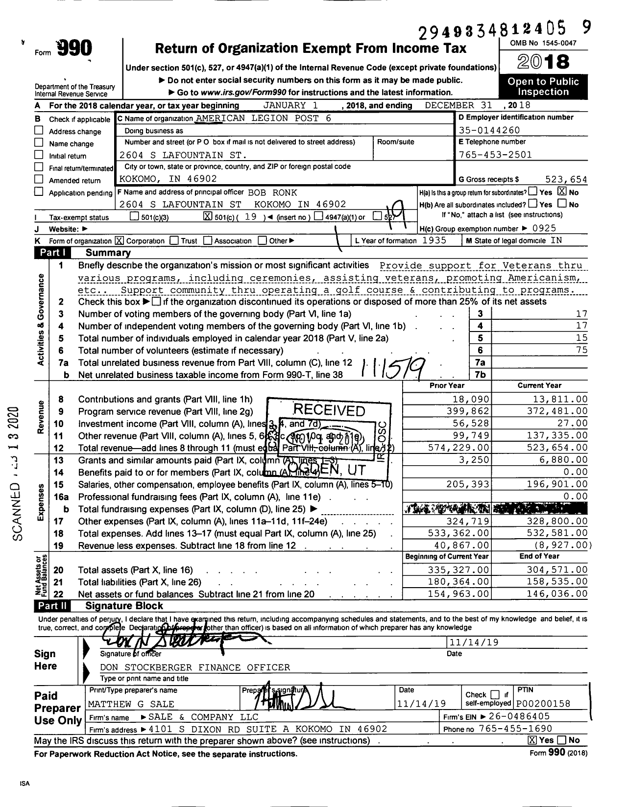 Image of first page of 2018 Form 990O for American Legion Post 6
