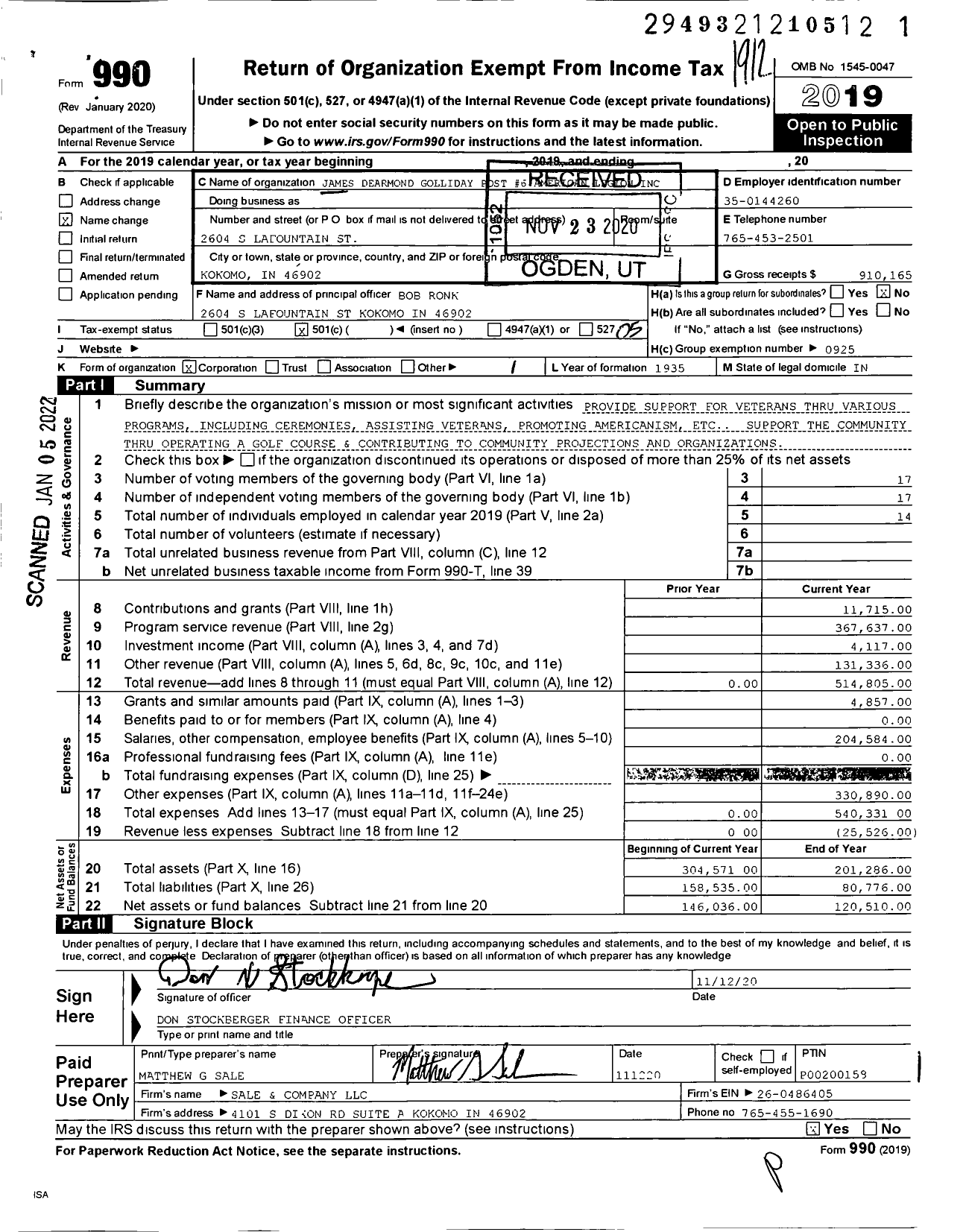 Image of first page of 2019 Form 990O for American Legion Post 6