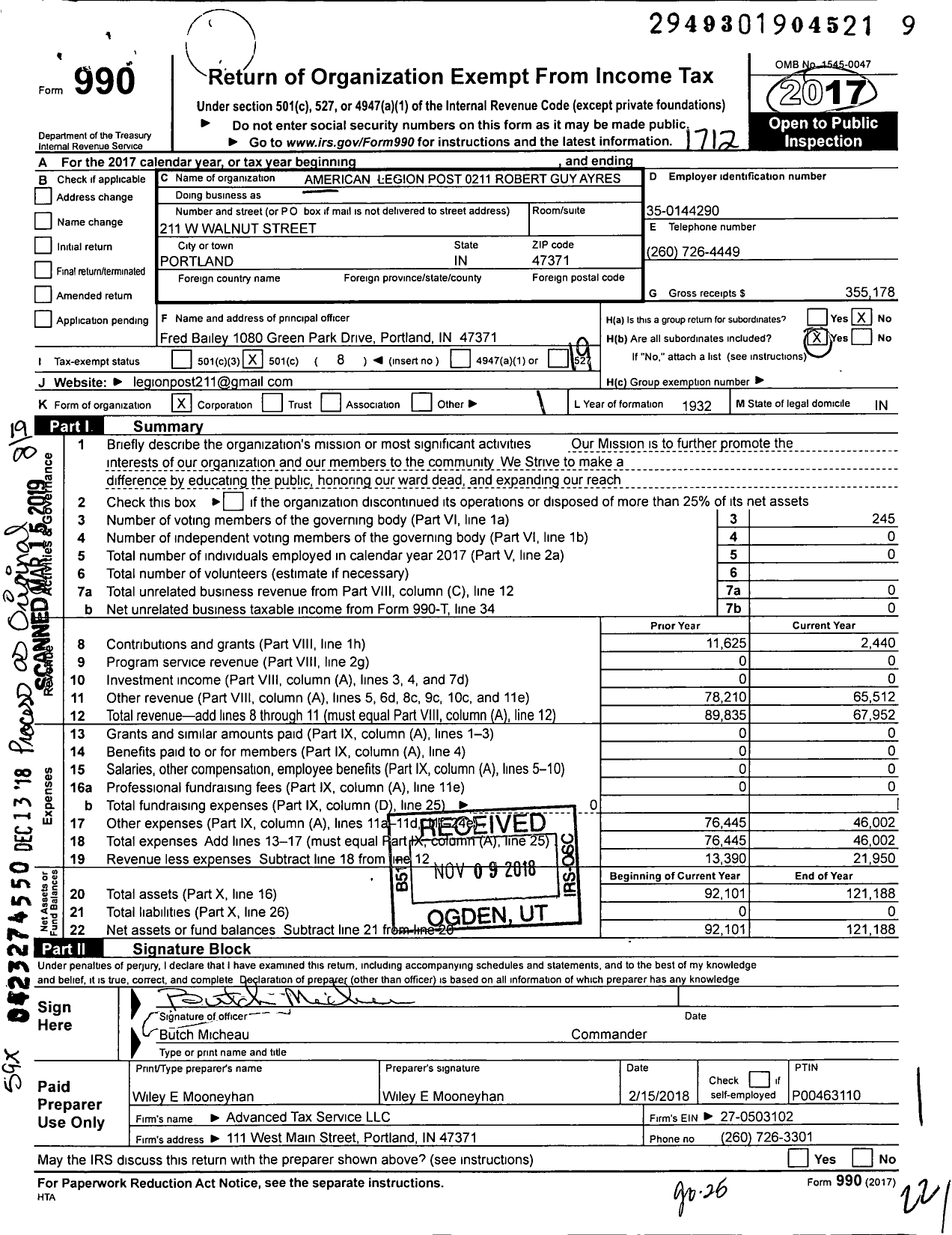 Image of first page of 2017 Form 990O for American Legion Post 0211 Robert Guy Ayres