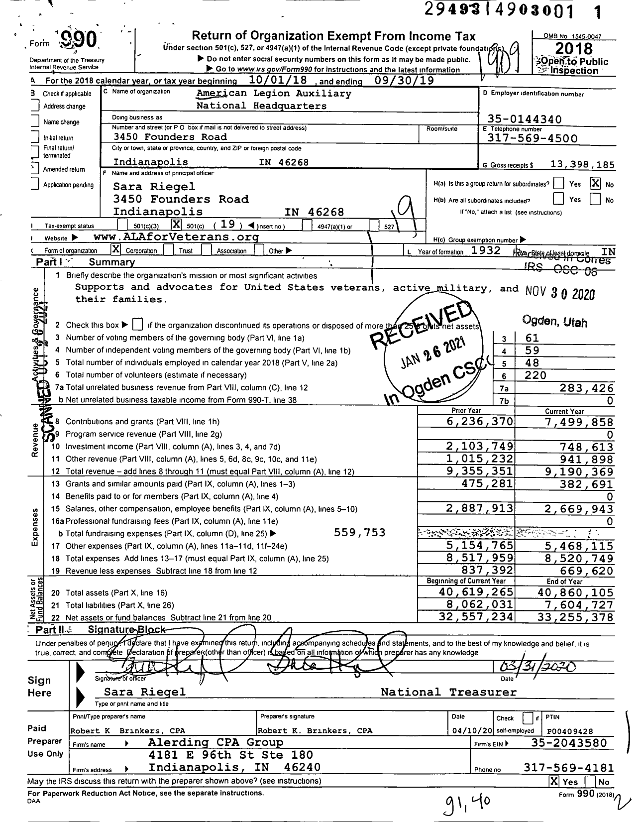 Image of first page of 2018 Form 990O for American Legion Auxiliary - National Headquarters