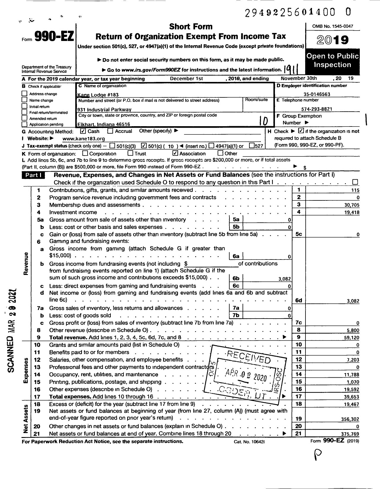 Image of first page of 2018 Form 990EO for Free and Accepted Masons of Indiana