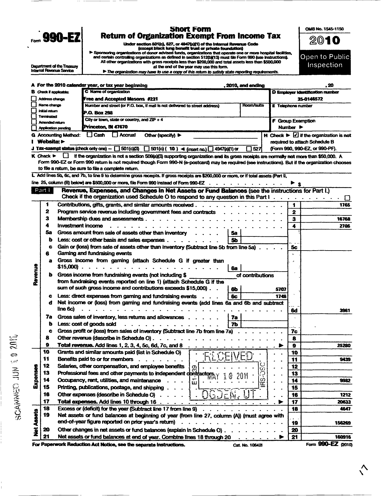 Image of first page of 2010 Form 990EO for Free & Accepted Masons of Indiana - 231 Prince Lodge