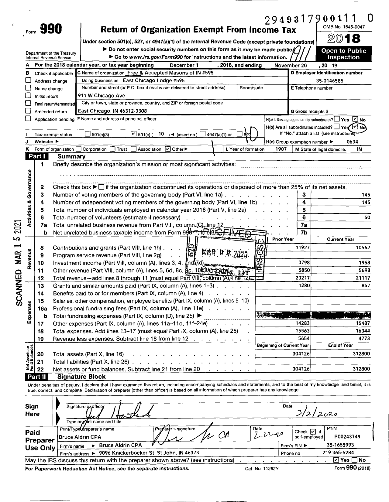 Image of first page of 2018 Form 990O for Free & Accepted Masons of Indiana - East Chicago Lodge Number 595