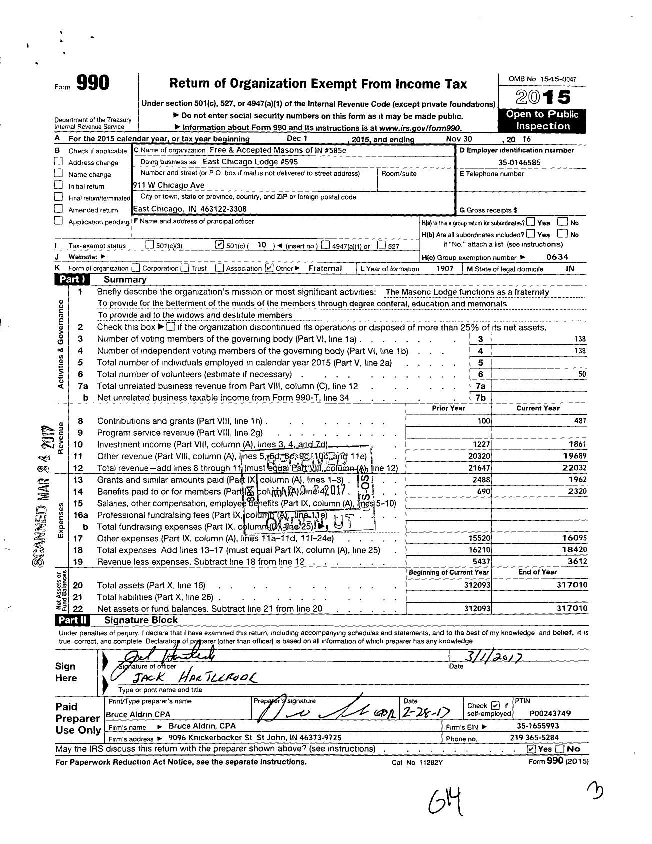 Image of first page of 2015 Form 990O for Free & Accepted Masons of Indiana - East Chicago Lodge Number 595