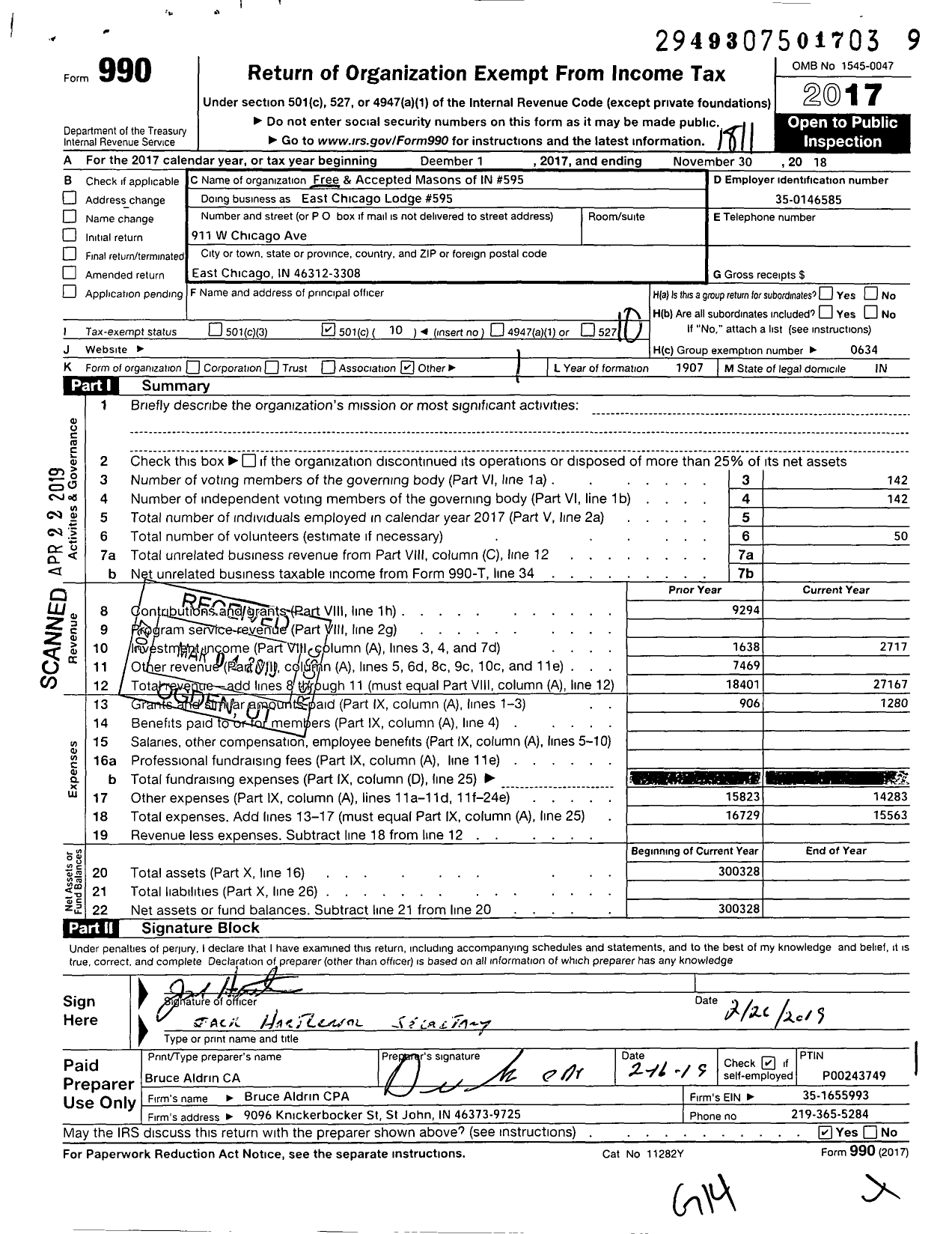 Image of first page of 2017 Form 990O for Free & Accepted Masons of Indiana - East Chicago Lodge Number 595