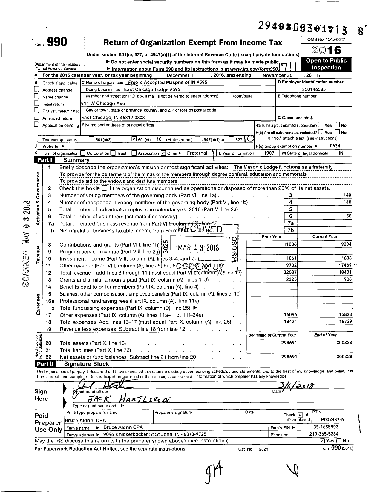 Image of first page of 2016 Form 990O for Free & Accepted Masons of Indiana - East Chicago Lodge Number 595