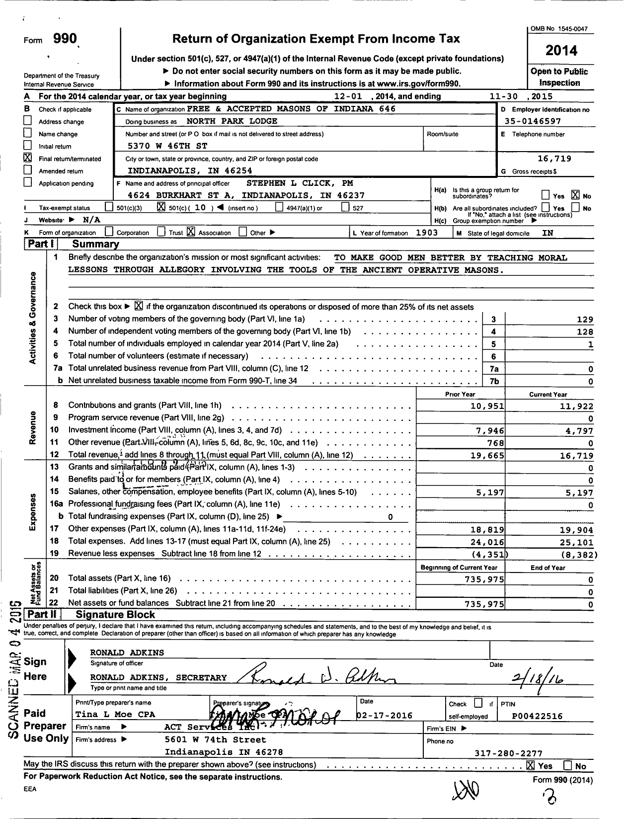 Image of first page of 2014 Form 990O for Free & Accepted Masons of Indiana - 646 North Park Lodge