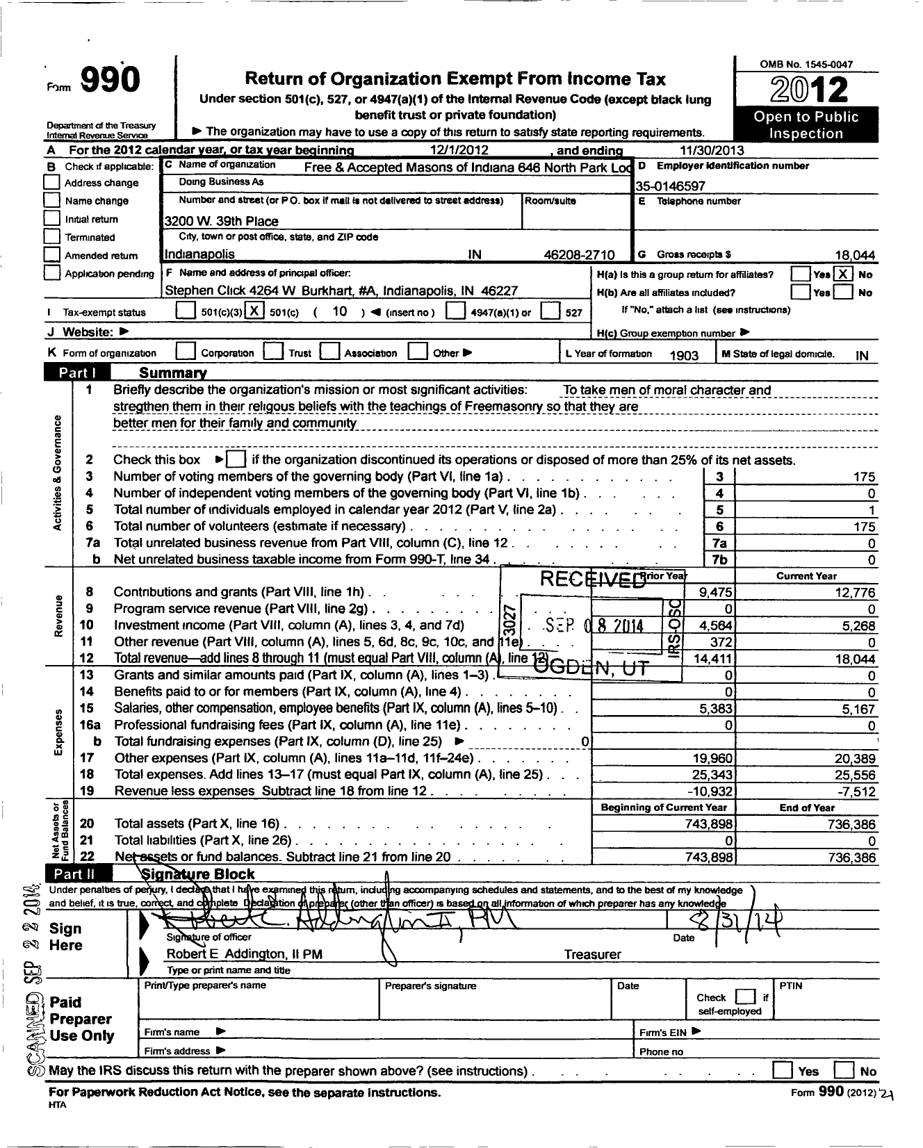 Image of first page of 2012 Form 990O for Free & Accepted Masons of Indiana - 646 North Park Lodge