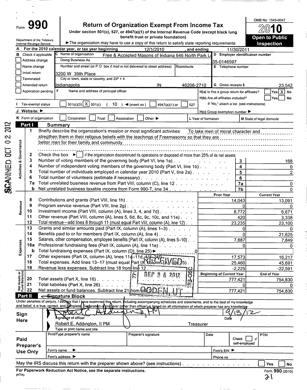 Image of first page of 2010 Form 990O for Free & Accepted Masons of Indiana - 646 North Park Lodge