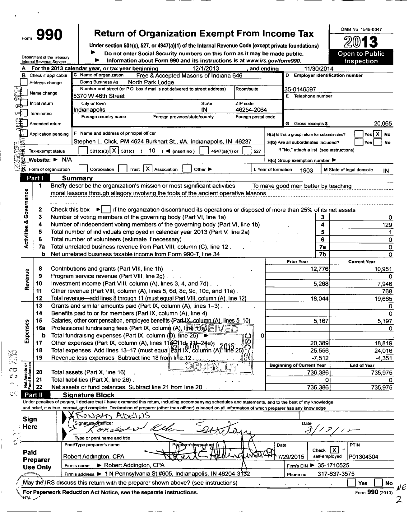 Image of first page of 2013 Form 990O for Free & Accepted Masons of Indiana - 646 North Park Lodge