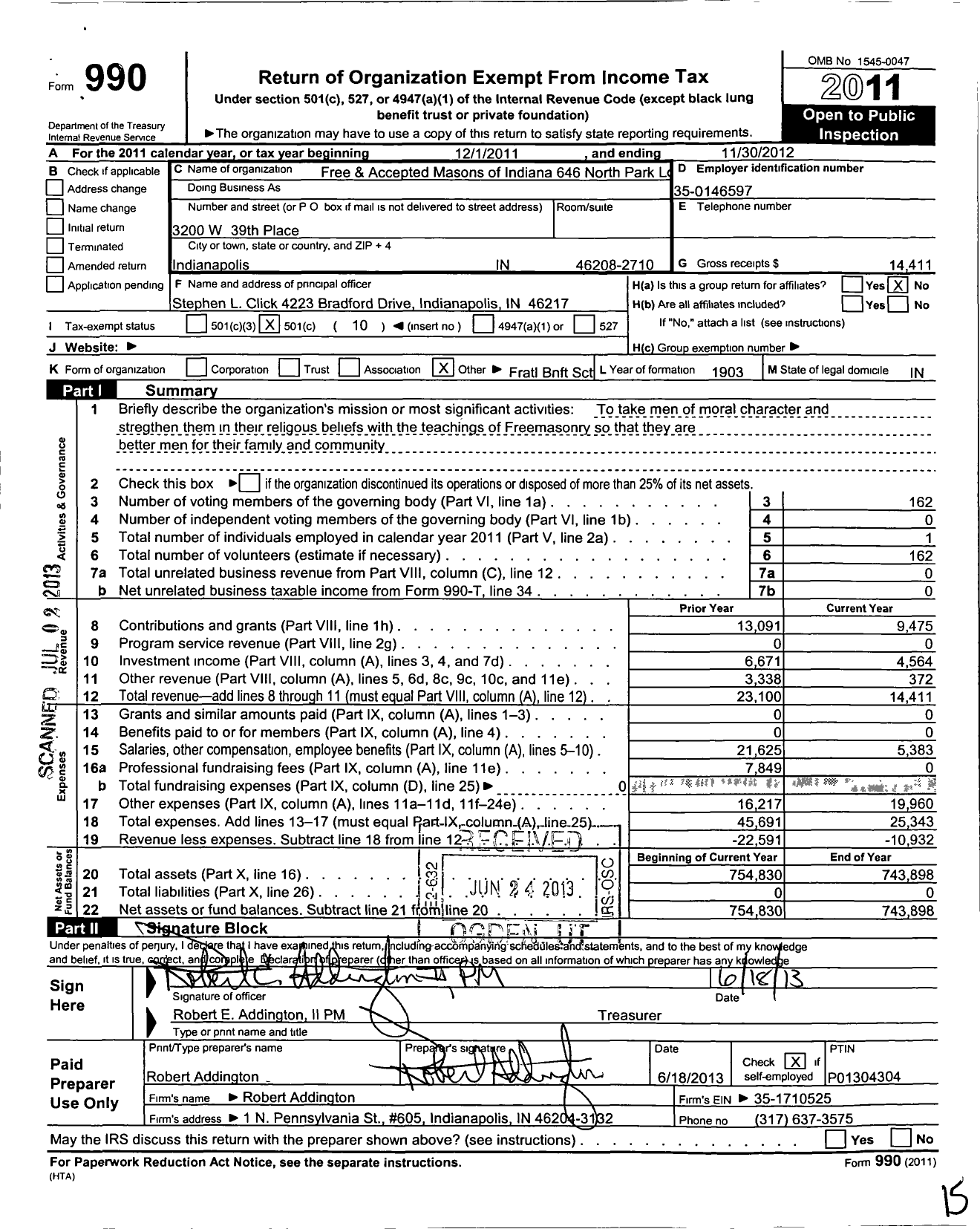 Image of first page of 2011 Form 990O for Free & Accepted Masons of Indiana - 646 North Park Lodge