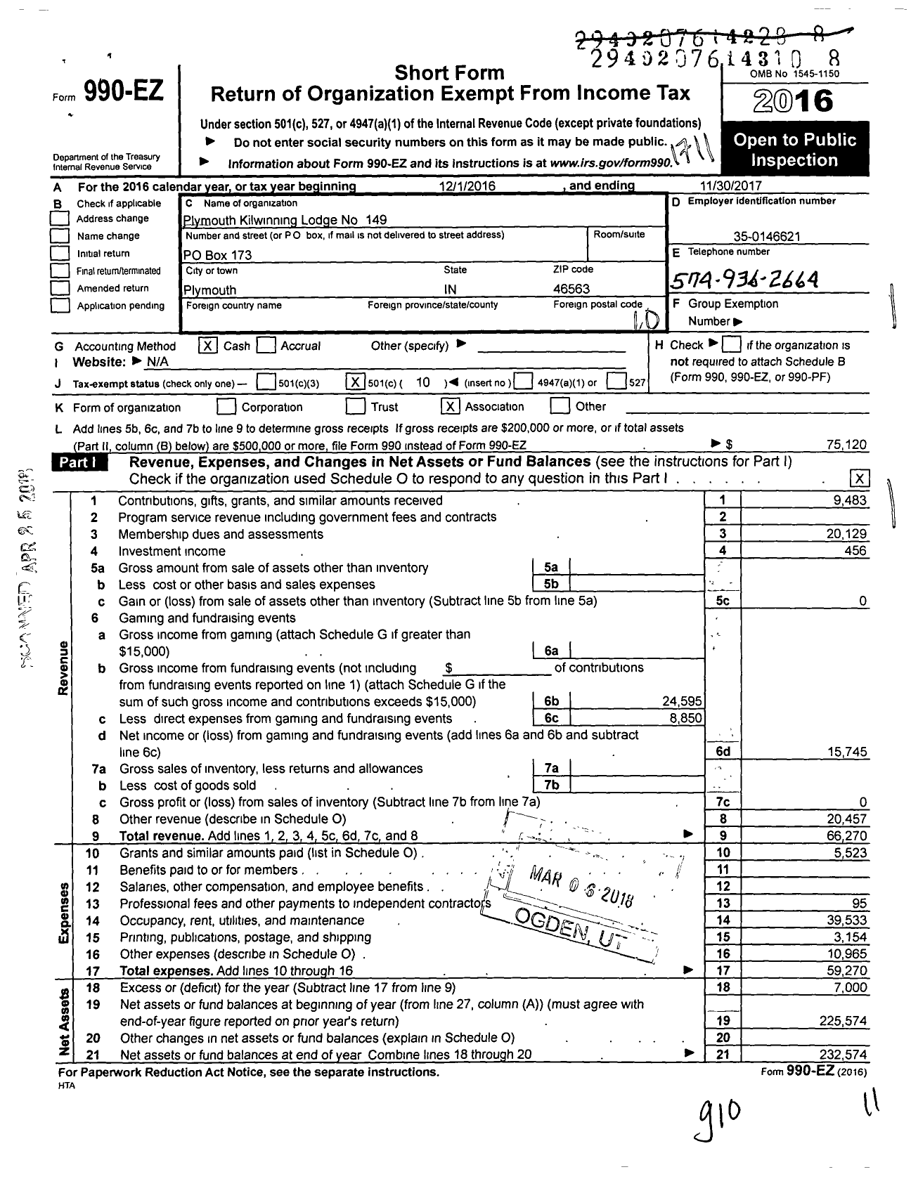 Image of first page of 2016 Form 990EO for Free & Accepted Masons of Indiana - 149 Plymouth Kilwinning Lodge