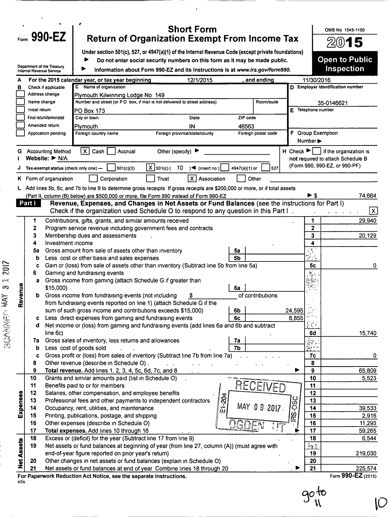 Image of first page of 2015 Form 990EO for Free & Accepted Masons of Indiana - 149 Plymouth Kilwinning Lodge