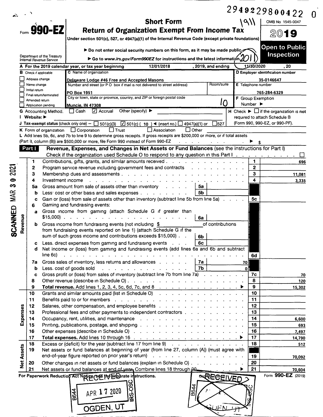 Image of first page of 2019 Form 990EO for Free & Accepted Masons of Indiana - 46 Delware