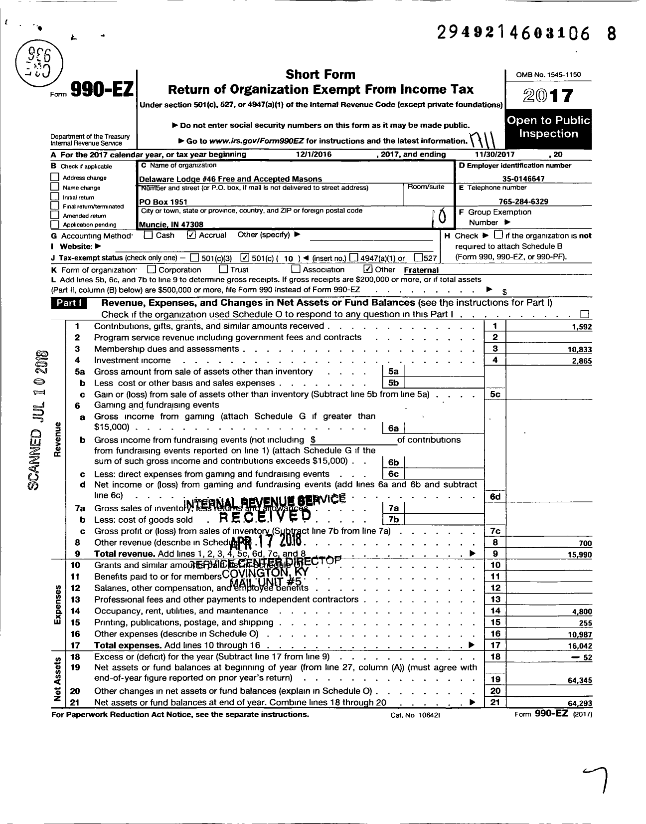 Image of first page of 2016 Form 990EO for Free & Accepted Masons of Indiana - 46 Delware