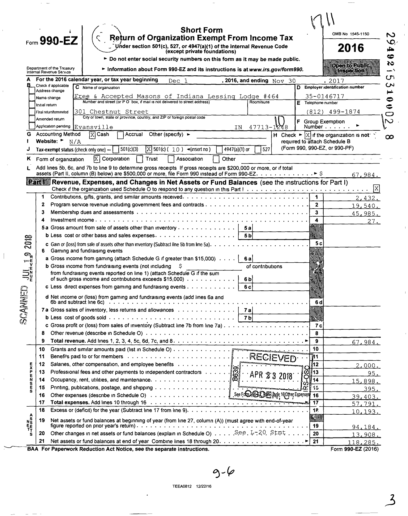 Image of first page of 2016 Form 990EO for Free & Accepted Masons of Indiana - 464 Lessing