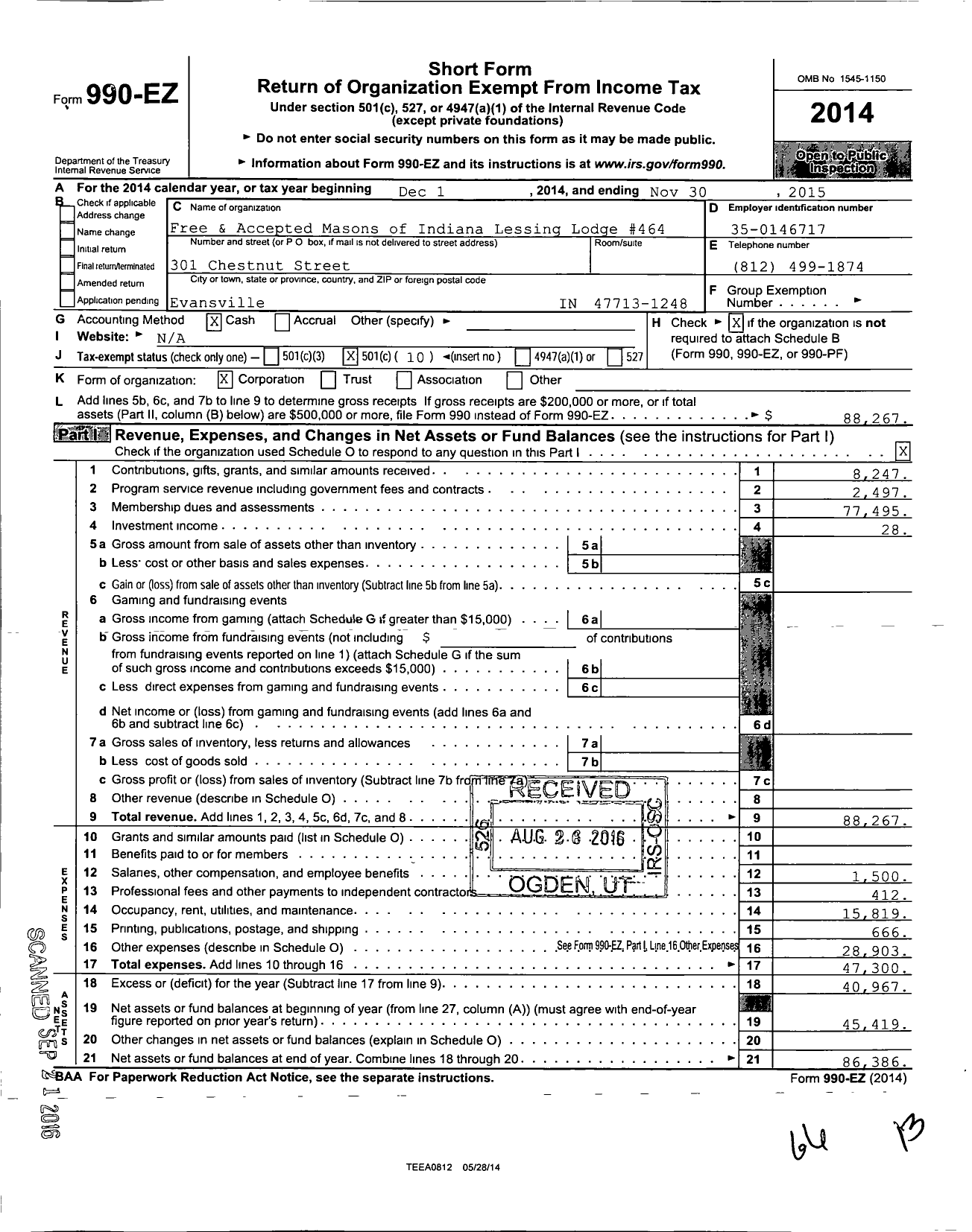 Image of first page of 2014 Form 990EO for Free & Accepted Masons of Indiana - 464 Lessing