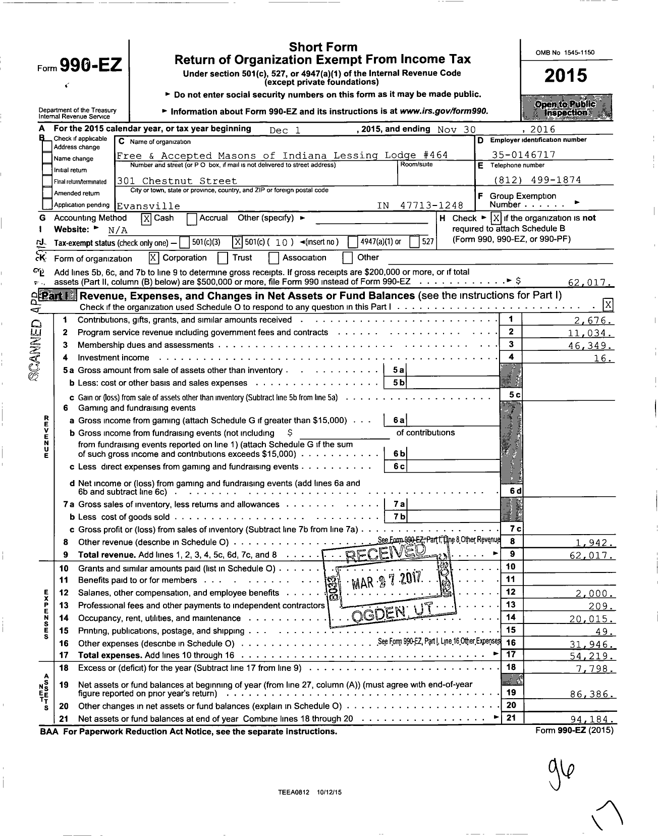 Image of first page of 2015 Form 990EO for Free & Accepted Masons of Indiana - 464 Lessing