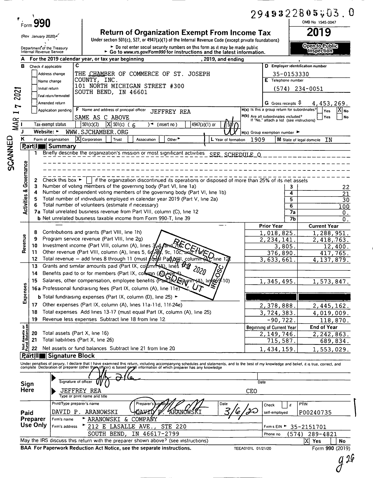 Image of first page of 2019 Form 990O for The Chamber of Commerce of St Joseph County