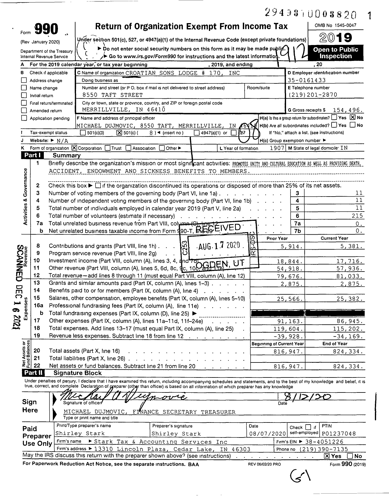 Image of first page of 2019 Form 990O for Croatian Fraternal Union of America - 170 Lodge Croatian Sons