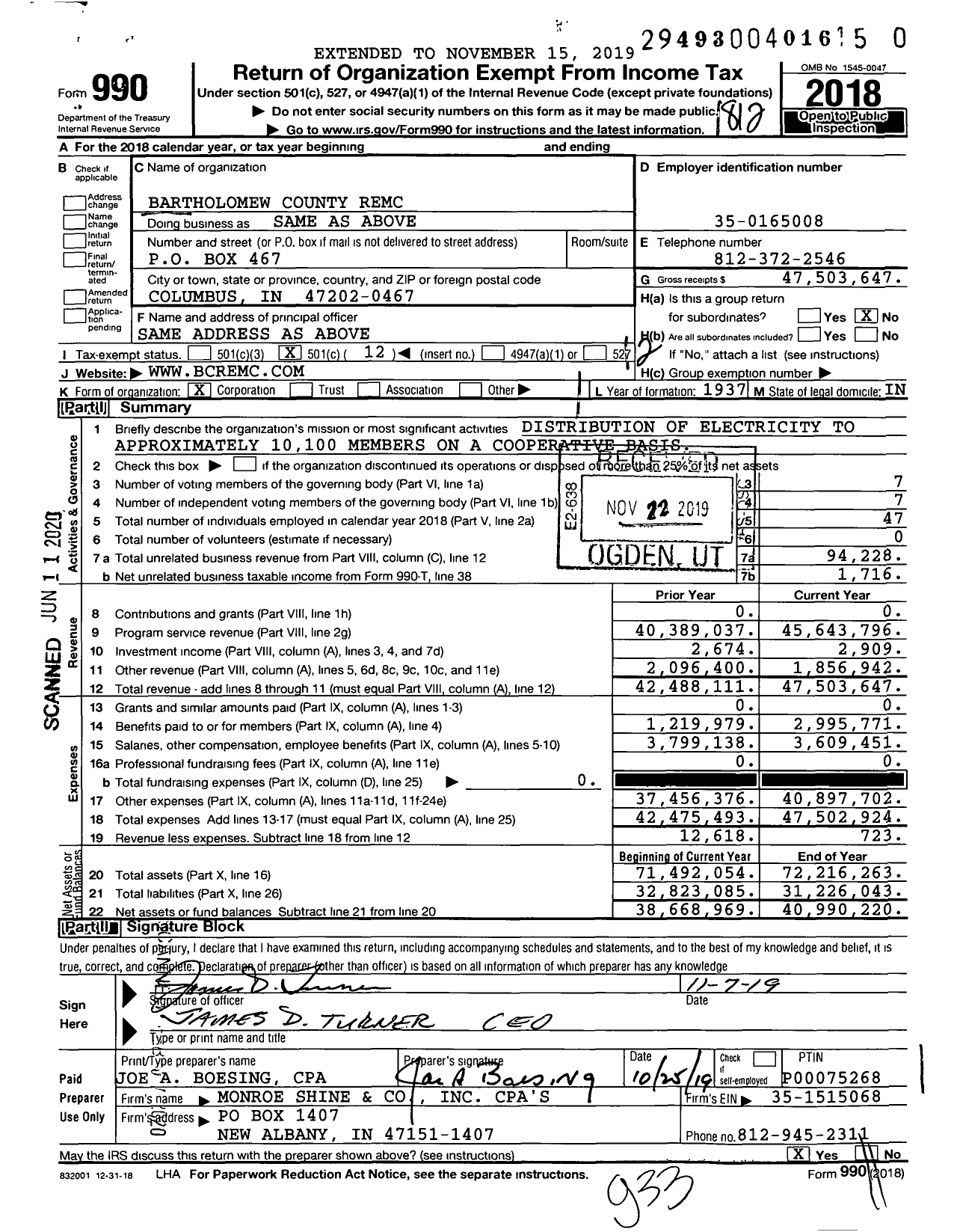 Image of first page of 2018 Form 990O for Bartholomew County Remc