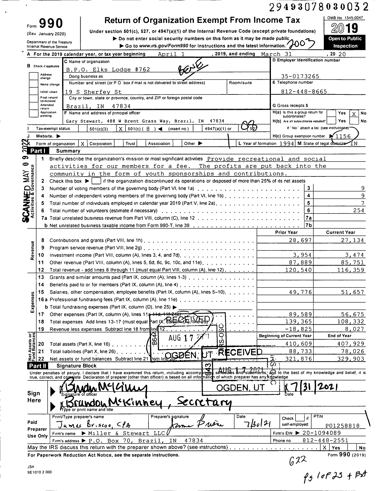 Image of first page of 2019 Form 990O for Benevolent and Protective Order of Elks - 762 Brazil