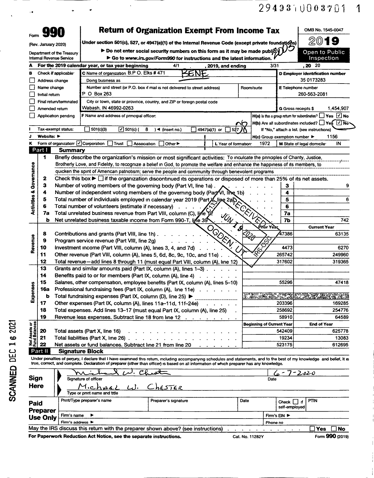 Image of first page of 2019 Form 990O for Benevolent and Protective Order of Elks - 0471 Wabash