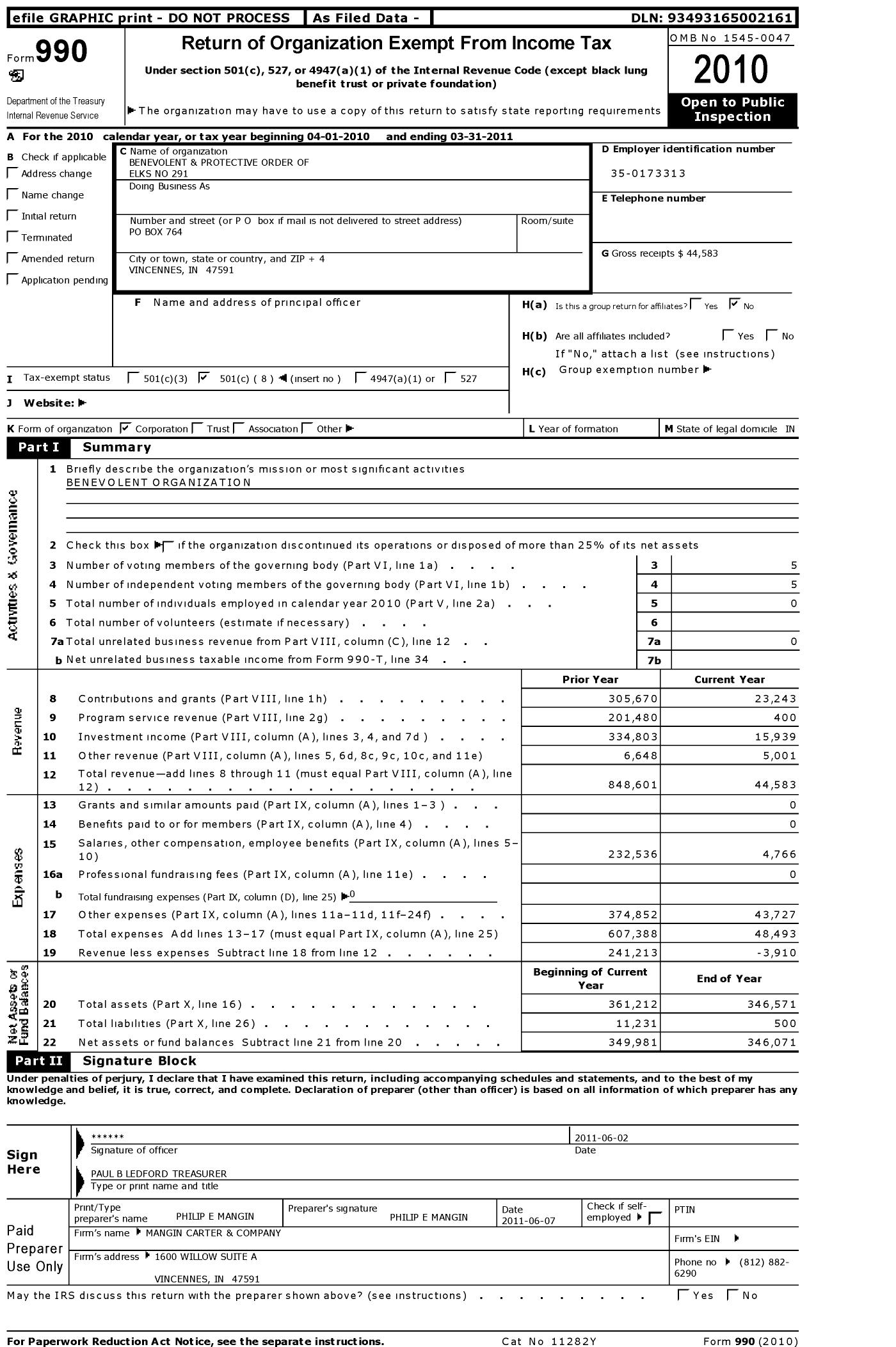 Image of first page of 2010 Form 990O for Benevolent and Protective Order of Elks - 291 Vincennes