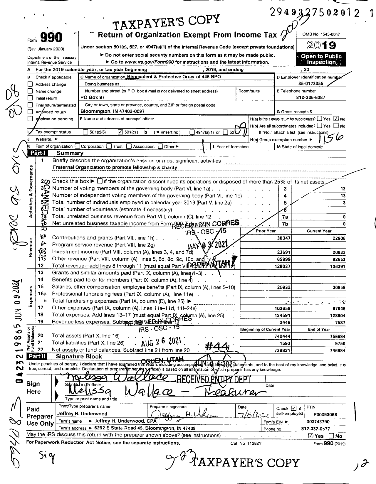 Image of first page of 2019 Form 990O for Benevolent and Protective Order of Elks - 446 Bloomington