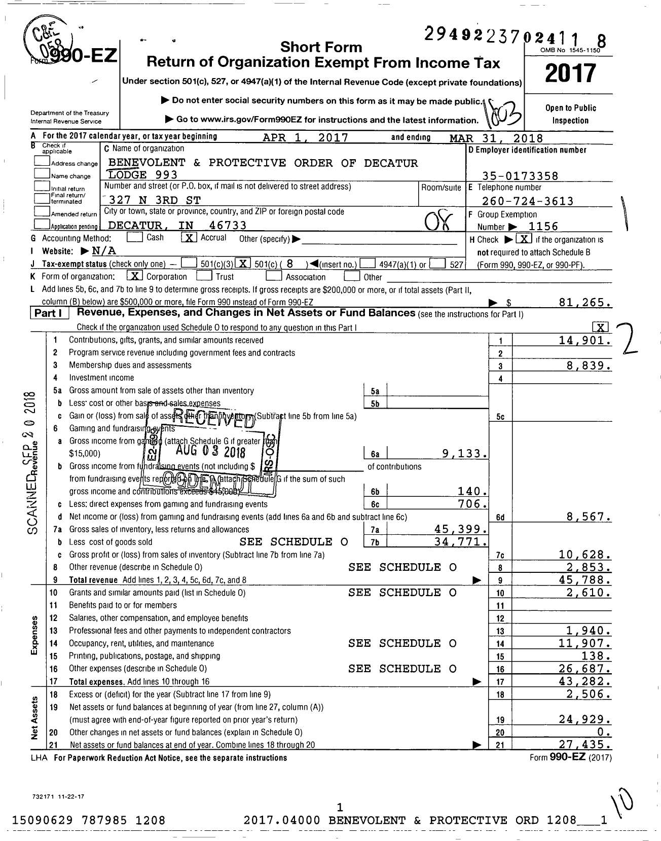 Image of first page of 2017 Form 990EO for Benevolent and Protective Order of Elks - 993 Decatur