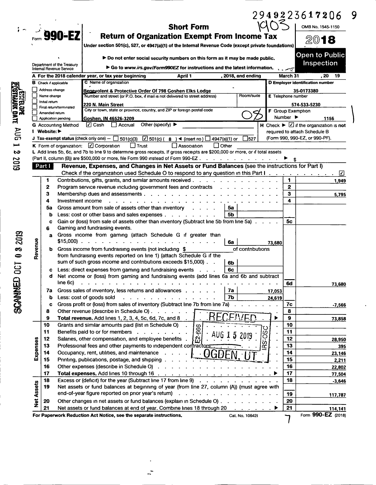 Image of first page of 2018 Form 990EO for Benevolent and Protective Order of Elks - 798 Goshen