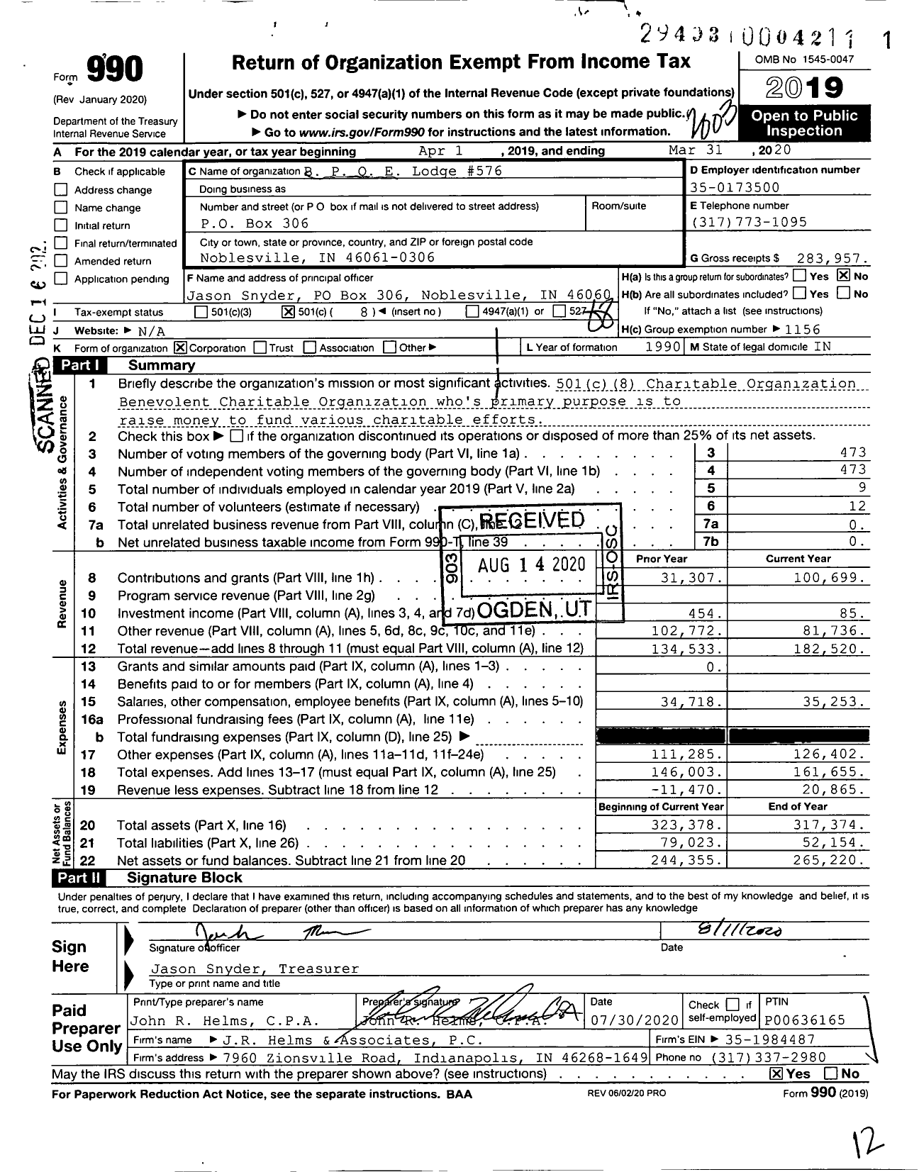 Image of first page of 2019 Form 990O for Benevolent and Protective Order of Elks - 576 Noblesville