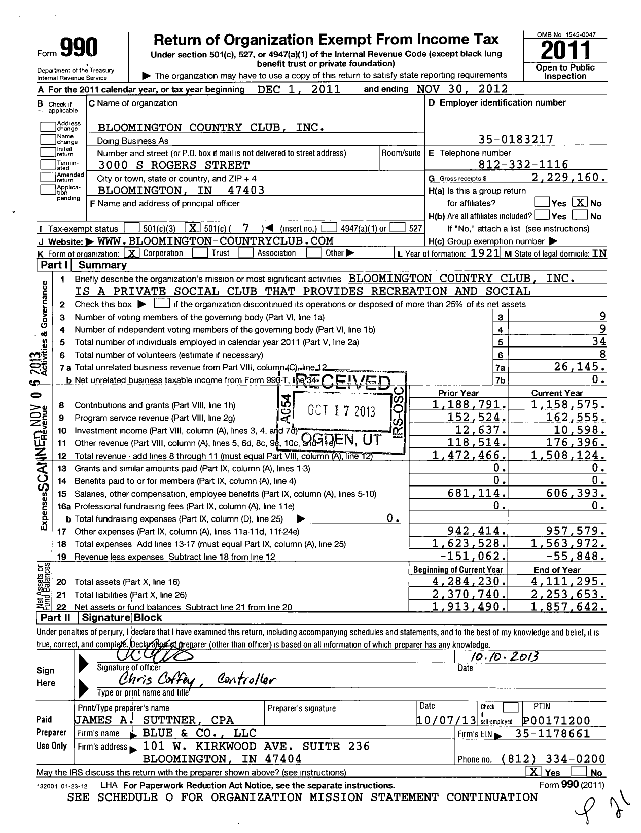 Image of first page of 2011 Form 990O for Bloomington Country Club / Quail Ridge Golf & Tennis Club