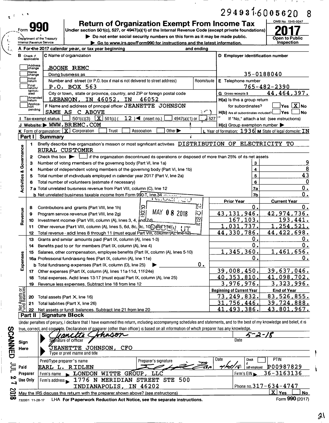 Image of first page of 2017 Form 990O for Boone Remc