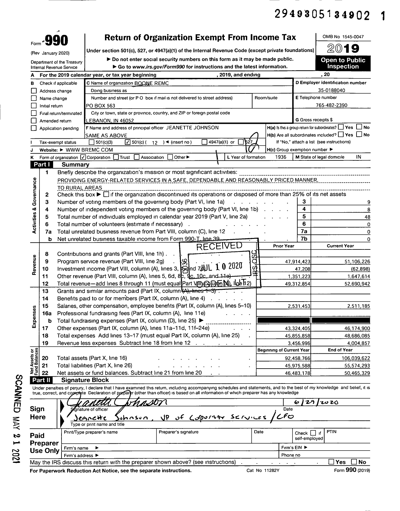 Image of first page of 2019 Form 990O for Boone Remc