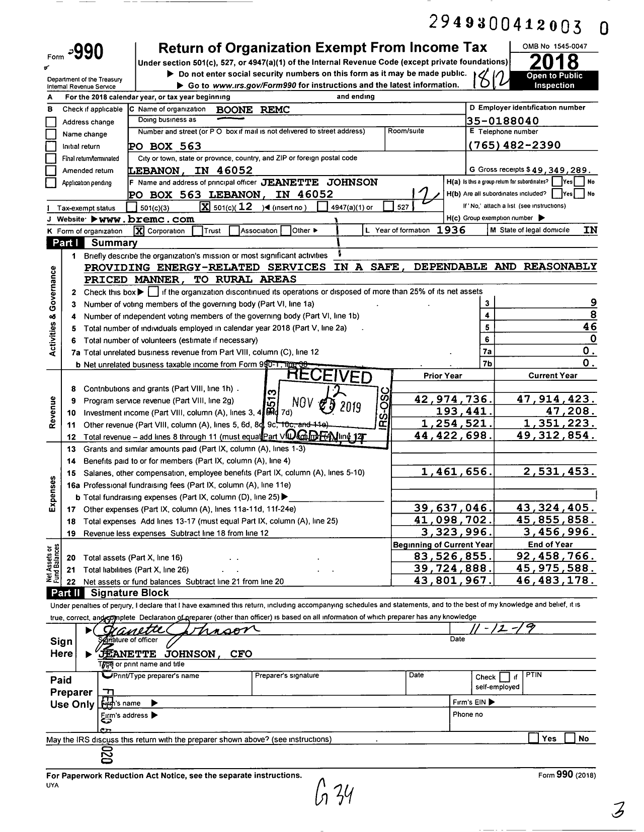 Image of first page of 2018 Form 990O for Boone Remc