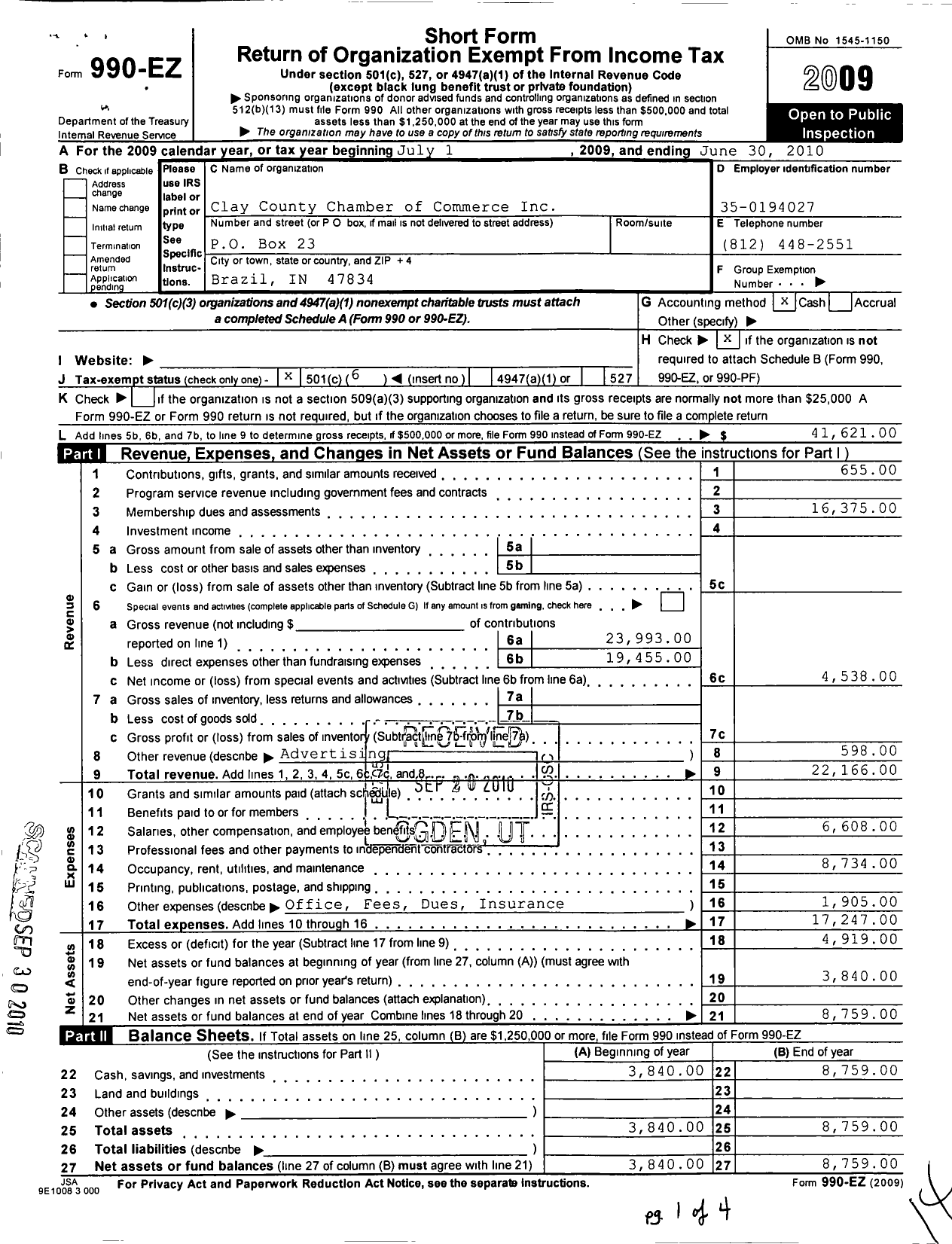 Image of first page of 2009 Form 990EO for Clay County Chamber of Commerce