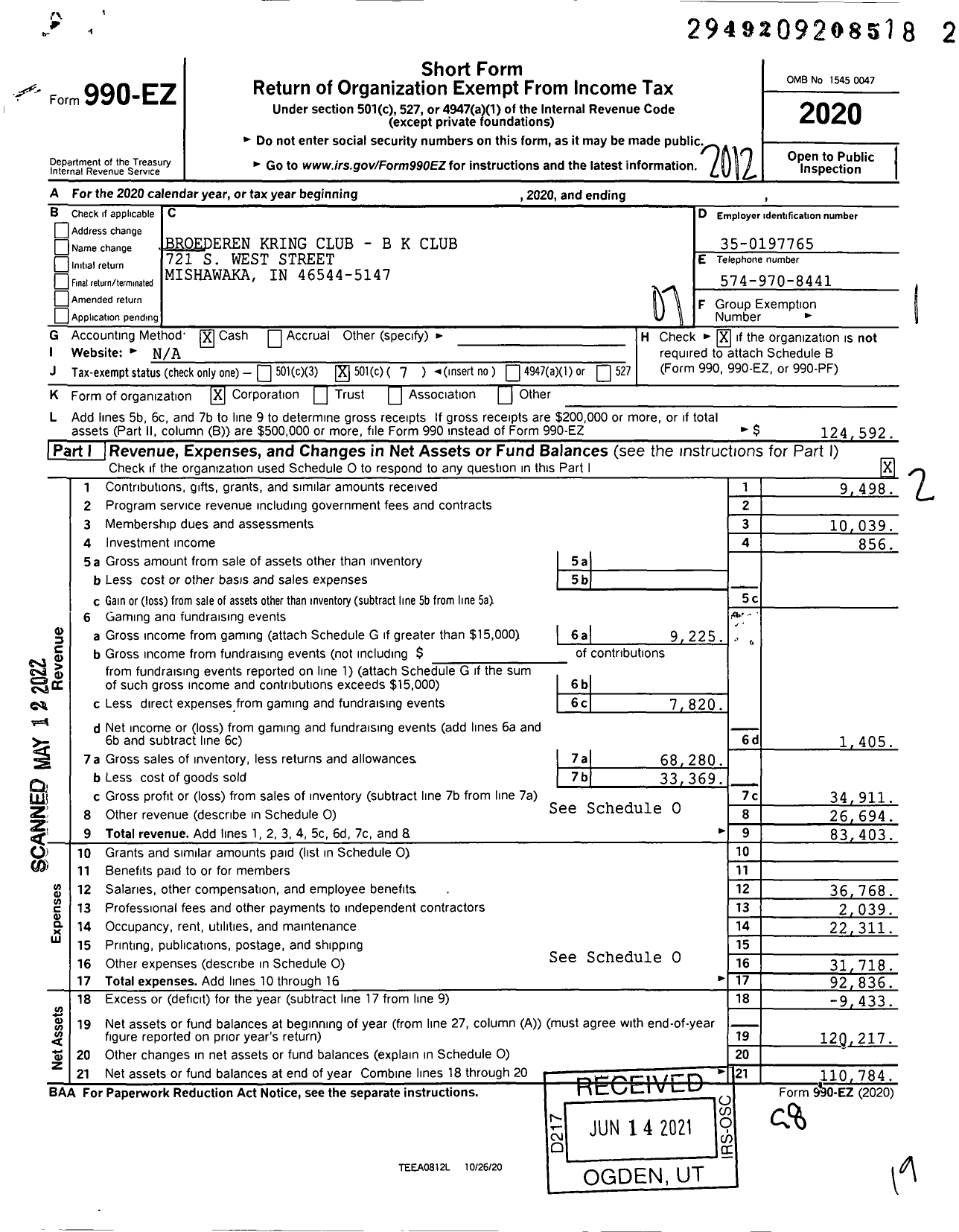 Image of first page of 2020 Form 990EO for Broederen Kring Club - B K Club