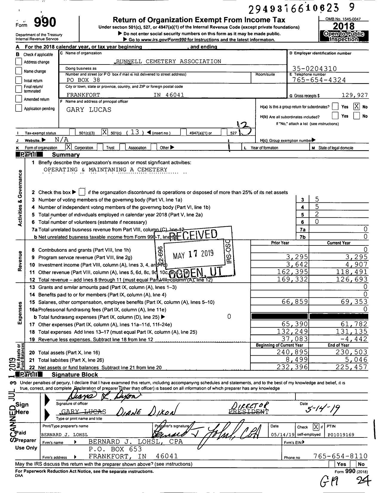 Image of first page of 2018 Form 990O for Bunnell Cemetery Association