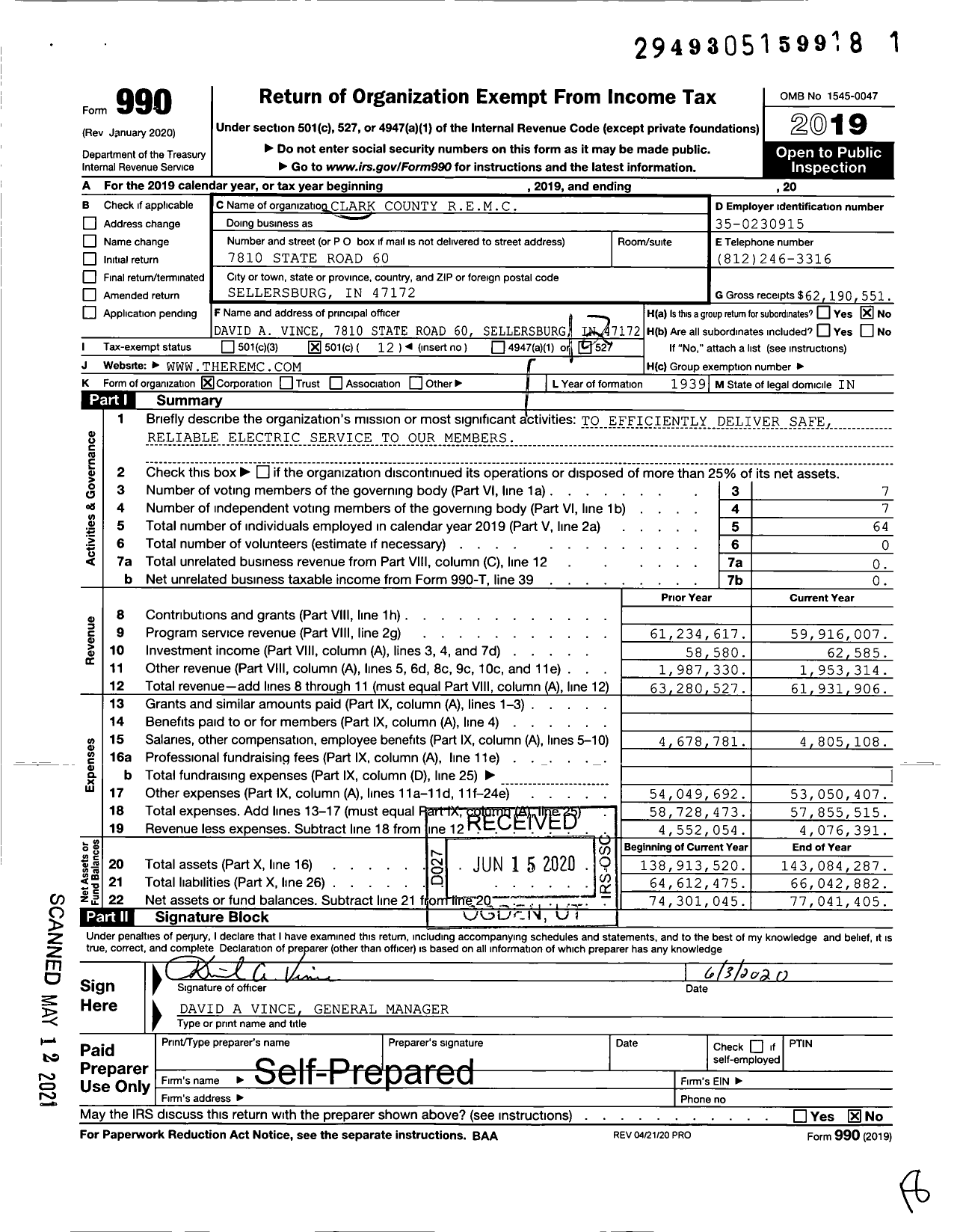 Image of first page of 2019 Form 990O for Clark County Rural Electric Membership Corporation