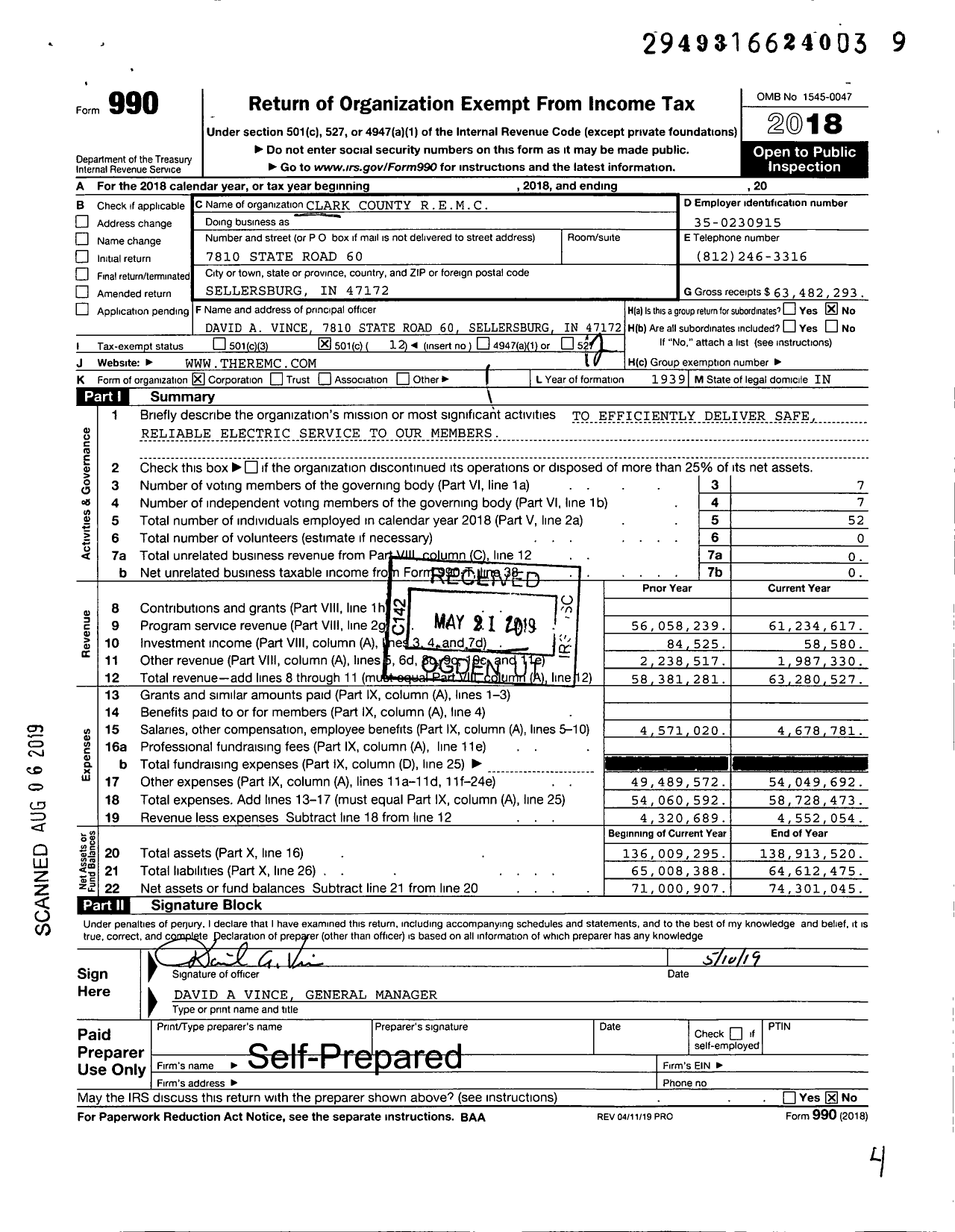 Image of first page of 2018 Form 990O for Clark County Rural Electric Membership Corporation