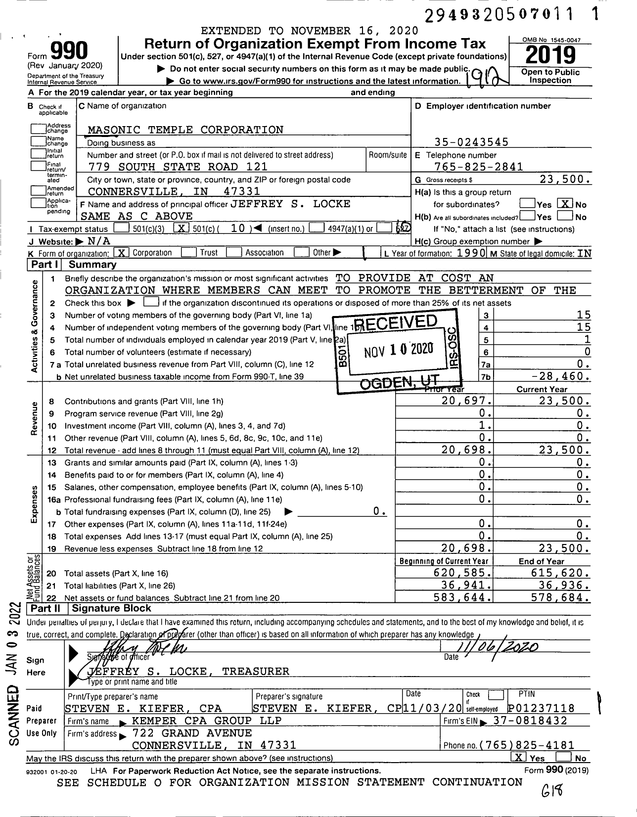 Image of first page of 2019 Form 990O for Masonic Temple Corporation