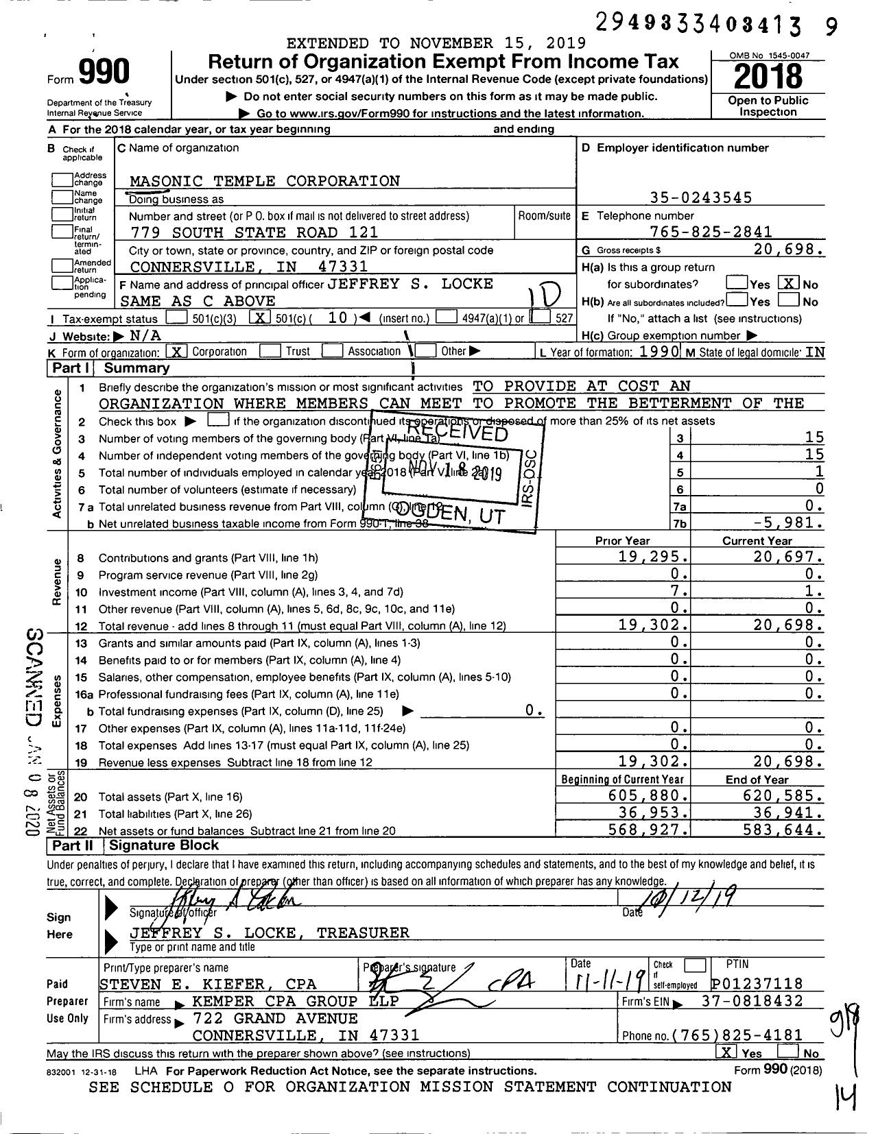 Image of first page of 2018 Form 990O for Masonic Temple Corporation