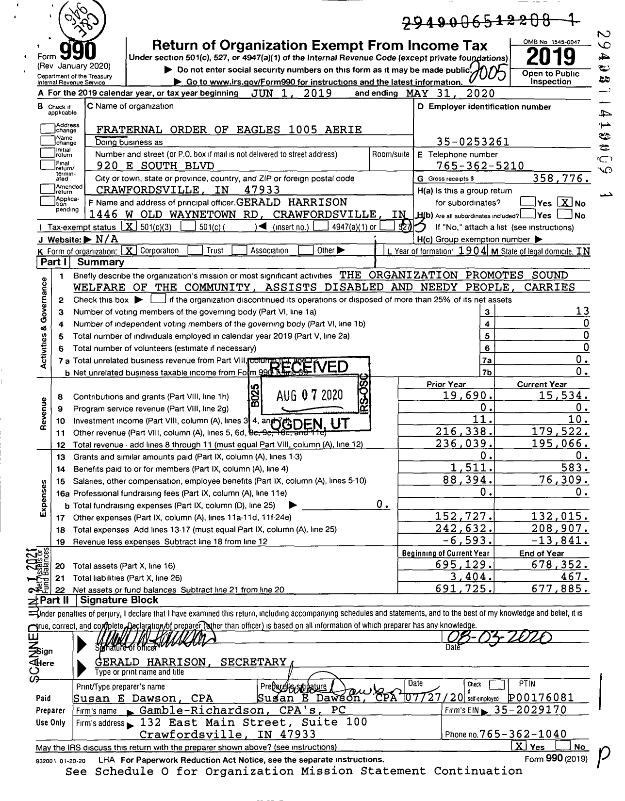 Image of first page of 2019 Form 990 for Fraternal Order of Eagles - 1005 Aerie