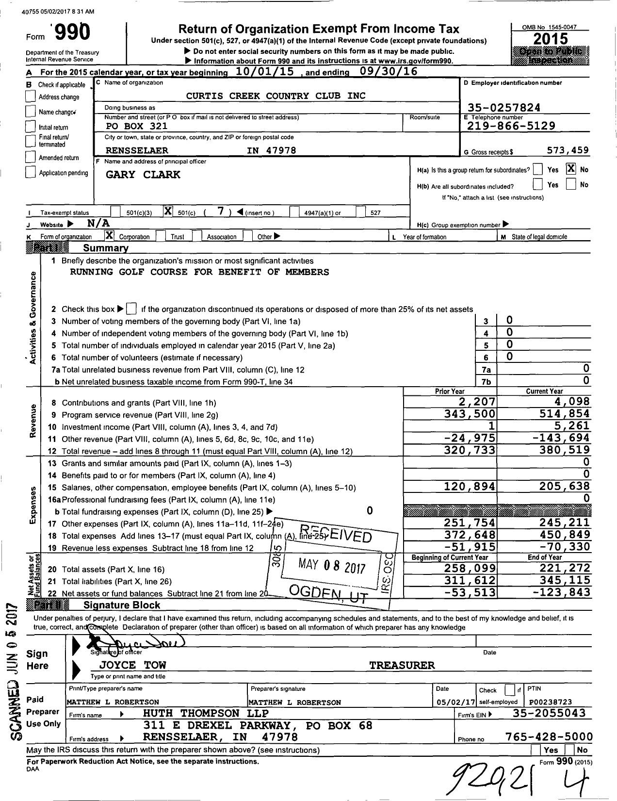 Image of first page of 2015 Form 990O for Curtis Creek Country Club