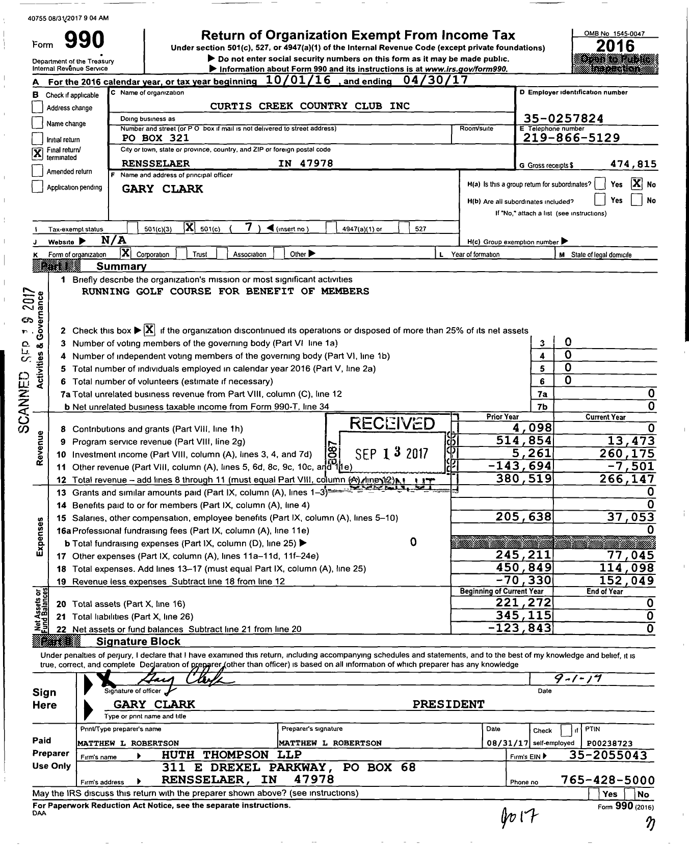 Image of first page of 2016 Form 990O for Curtis Creek Country Club